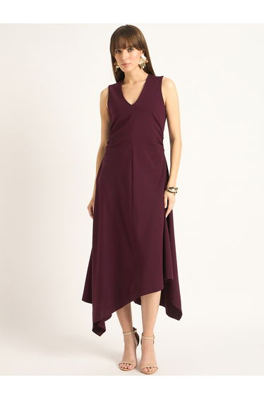 Wine Sleeveless Asymmetrical Hem Maxi Dress