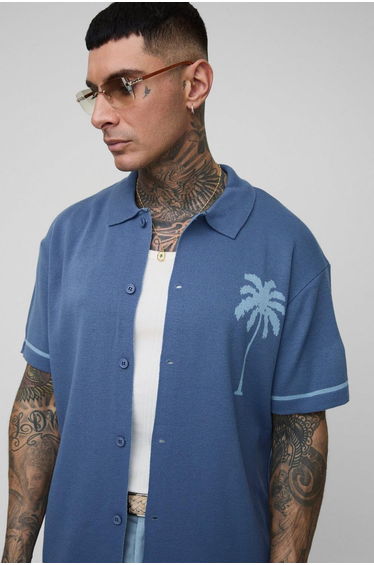 Tall Relaxed Palm Scenic Jacquard Knitted Shirt - blue