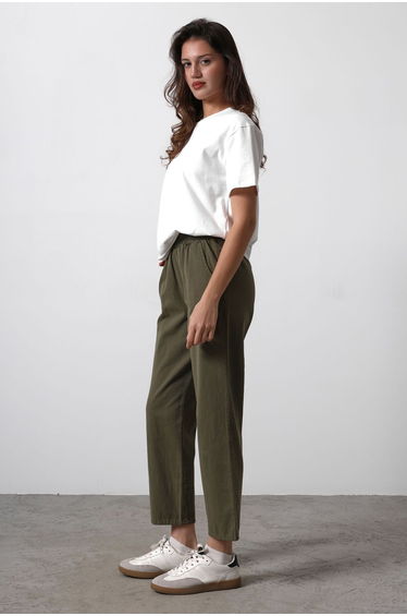 Khaki Elastic Waist Gabardine Cotton Trousers