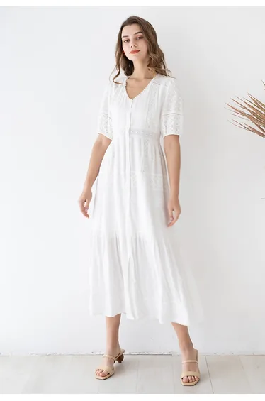 Pattaya Vacay White Crochet Panelled Button Down Maxi Dress