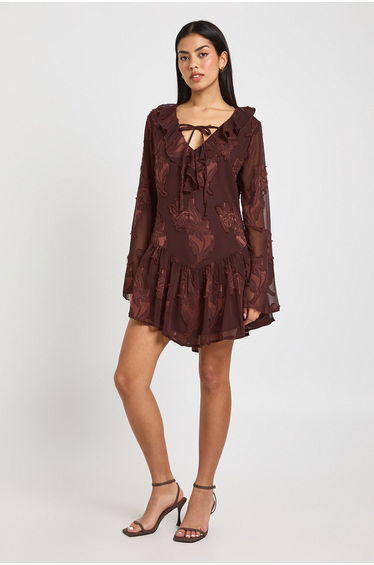 Floral Burnout Dipped Hem Mini Dress - chocolate