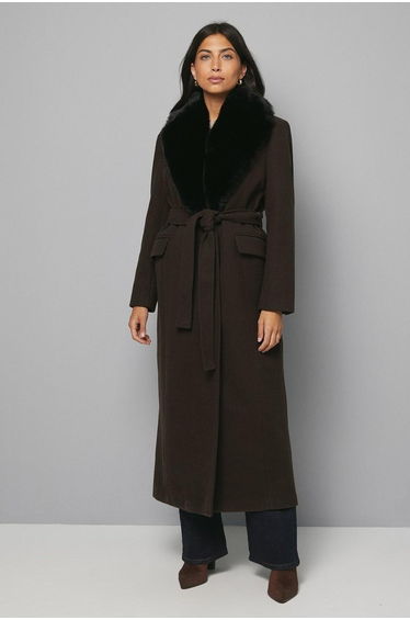 Faux Fur Collar Tie Belt Coat