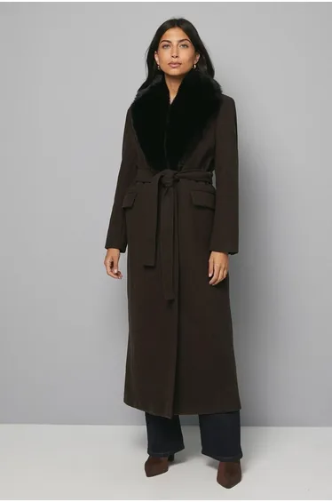 Faux Fur Collar Tie Belt Coat