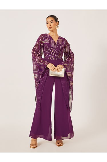 Purple Printed Wide Leg Jumpsuit