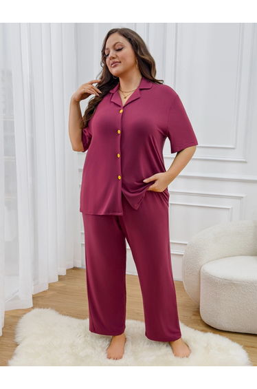 Plus Size Solid Short Sleeve Shirt and Pyjama Set