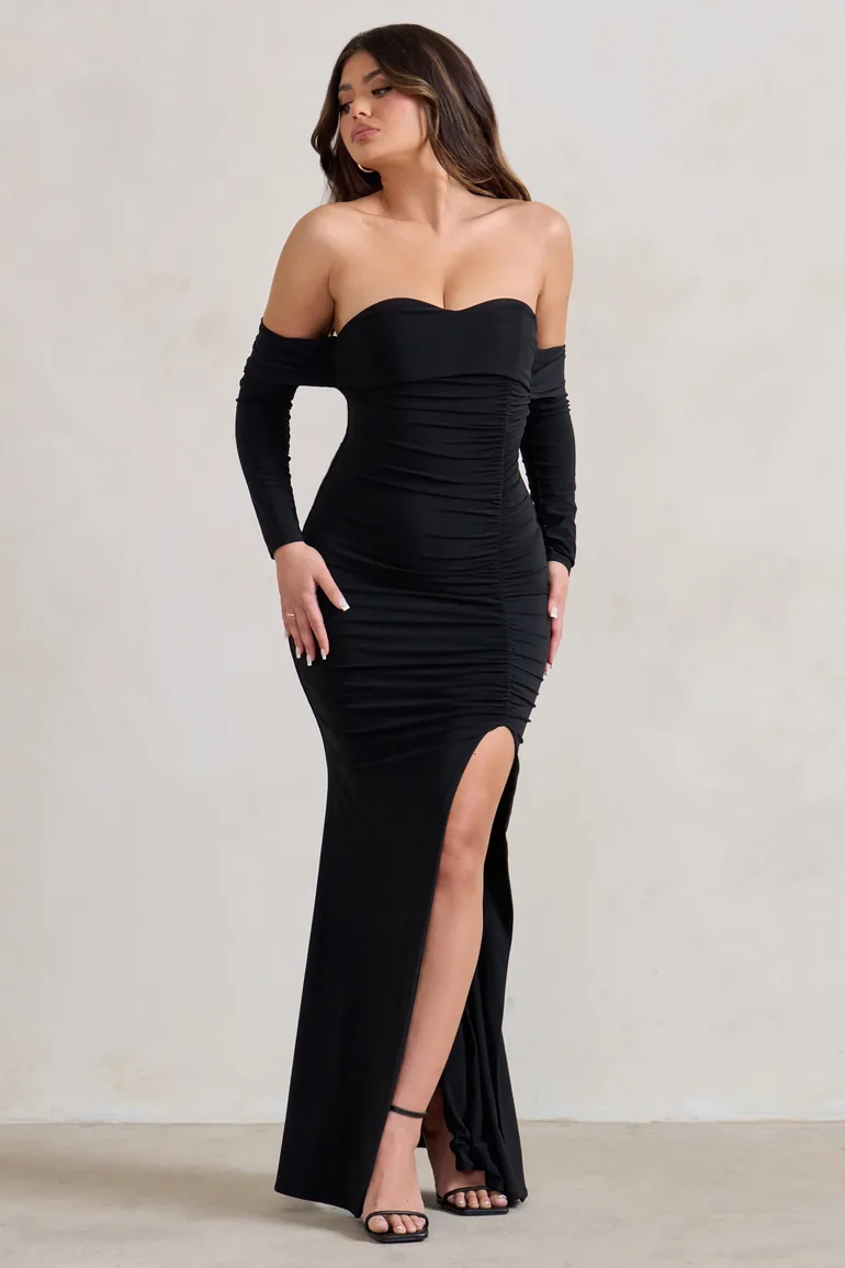 Midnight | Black Draped Long Sleeve Maxi Dress - 3