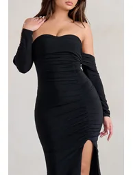 Midnight | Black Draped Long Sleeve Maxi Dress - 2