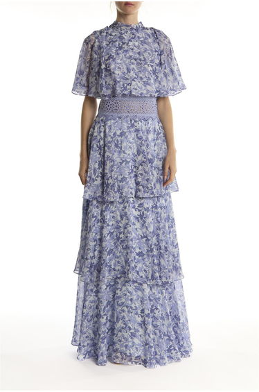 Blue Folk Floral Ruffle Trim Maxi-Dress