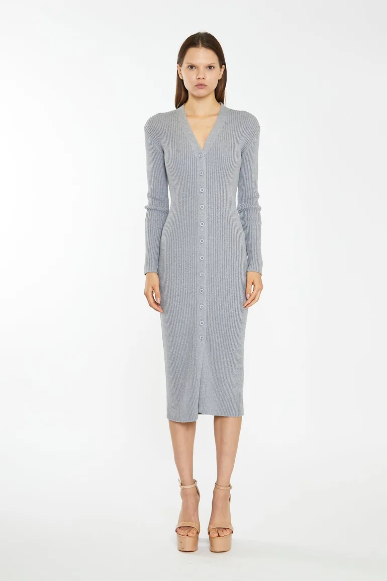 Shop Grey-Marl Button-Down Knitted Midi-Dress Online in Qatar