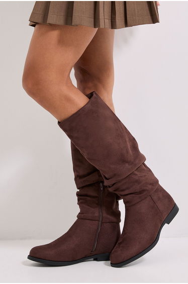 Wide Fit Karina Faux Suede Flat Knee High Ruched Boots