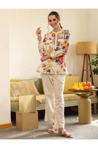 White Tropical Print Cotton Shirt and Pants Co-ord Set