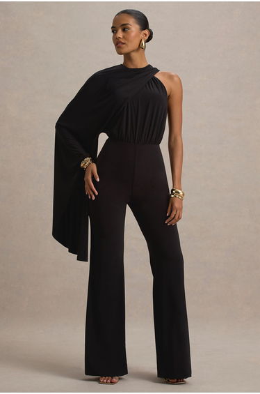 Asra | Black High-Neck Flared-Leg Jumpsuit With Cape Sleeve