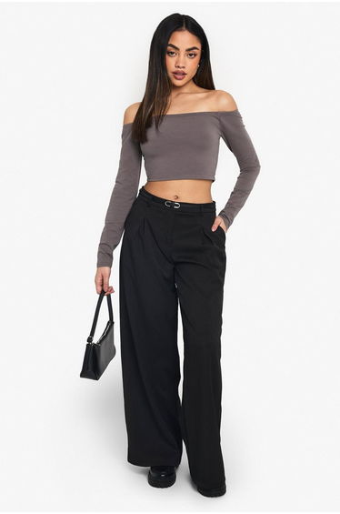 Boohoo Basics Off The Shoulder Long Sleeve Top - charcoal