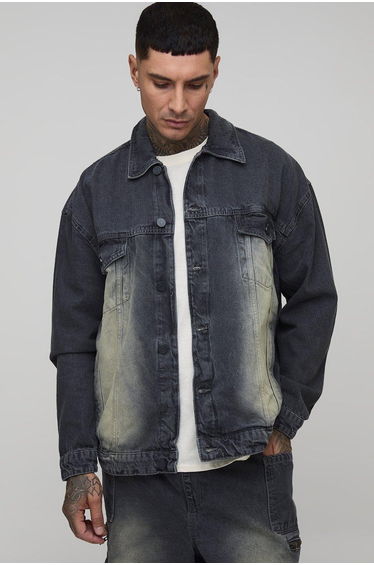 Tall Tinted Washed Boxy Oversized Denim Jacket - charcoal