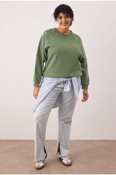 Khaki embroidered regular fit plus size sweatshirt with fleece lining