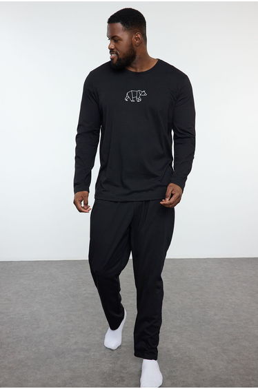 Black Men's Regular Embroidered Knitted Plus Size Pajama Set د