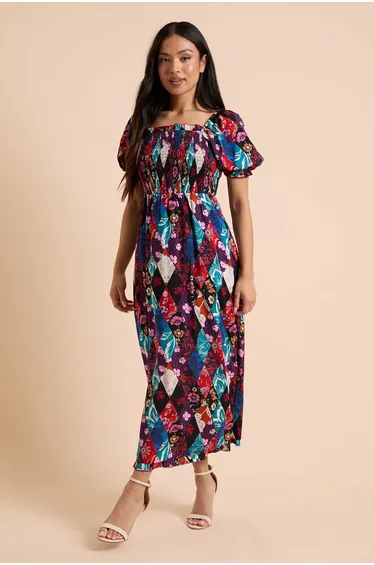 Petite Patchwork Floral Shirred Bodice Trim Detail Midaxi Dress
