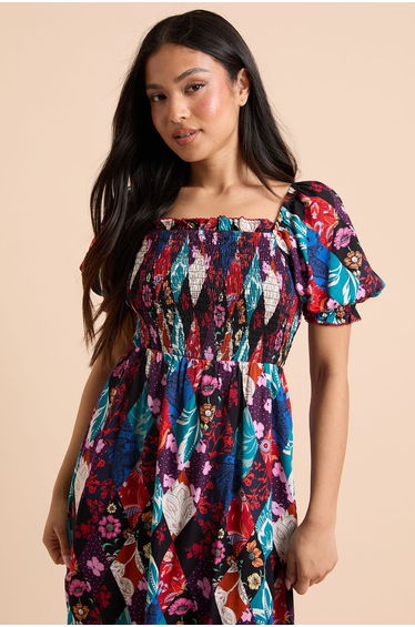 Petite Patchwork Floral Shirred Bodice Trim Detail Midaxi Dress product thumbnail 2