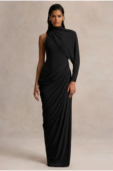 فستان ماكسي بأكمام كاب بياقة عالية - أسود