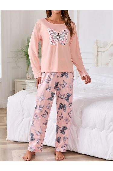 Light Pink Butterfly Print T-Shirt and Pyjama Set