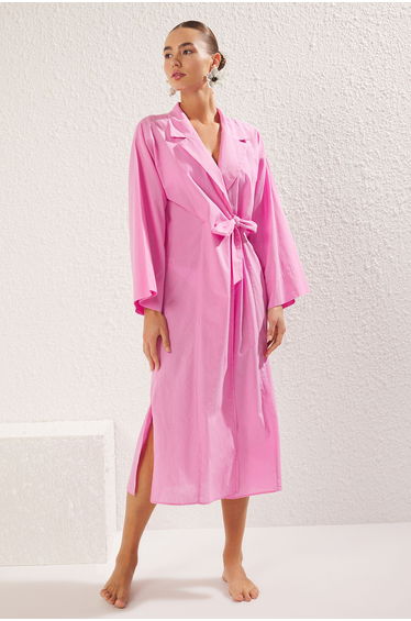 Pink Maxi Woven Double Breasted Tie 100% Cotton Beach Kimono & Kaftan