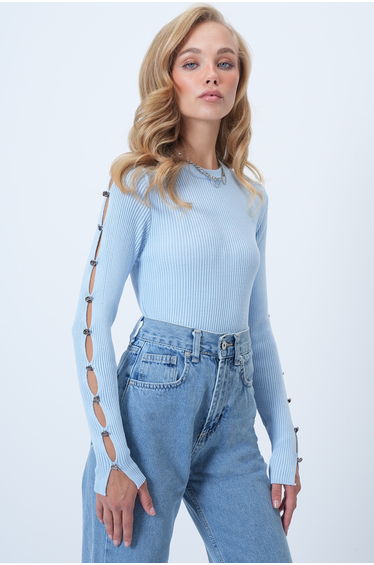 Women's Blue Crew Neck Cut Out Sleeve Design Knitwear