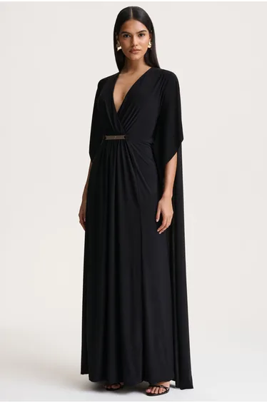 Romilly | Black Plunge-Neck Maxi Dress With Gathered Detail