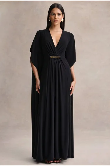 Romilly | Black Plunge-Neck Maxi Dress With Gathered Detail