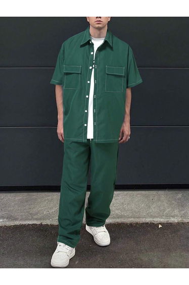 Men Dark Green Short Sleeve Shirt and Trousers Co-Ords