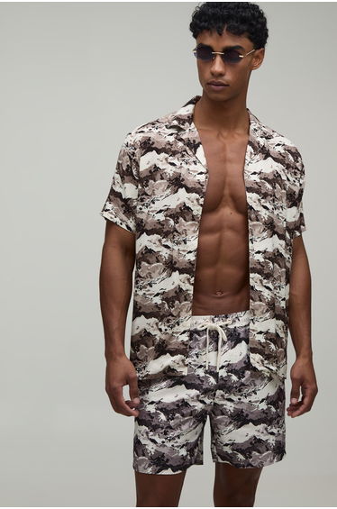 Monochrome Printed Shirt & Swim Short Set - grey