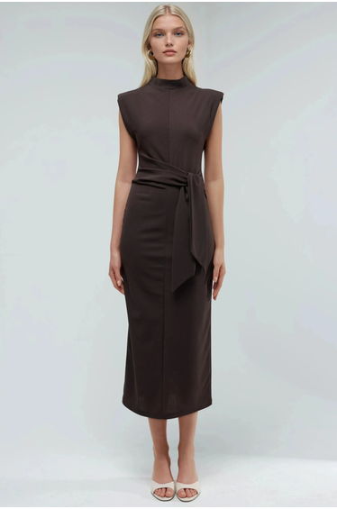 BUSEM Tie Detailed Stand Collar Midi Dress