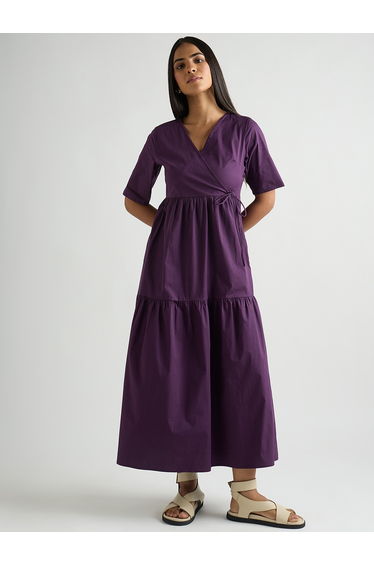 Women Deep Purple Poplin Tiered Maxi Dress