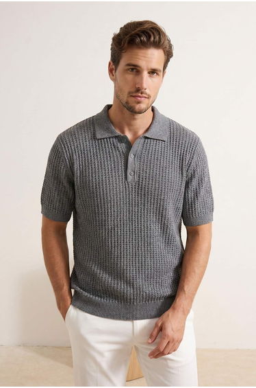 Gray Regular Polo Collar Plain Polo Collar T-Shirt