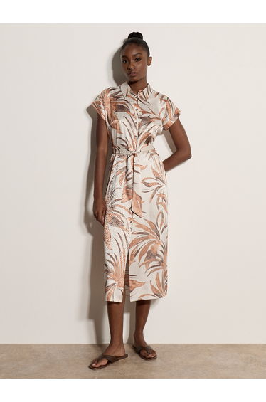 Tropical Leaf Satin Shirt Midi Dress