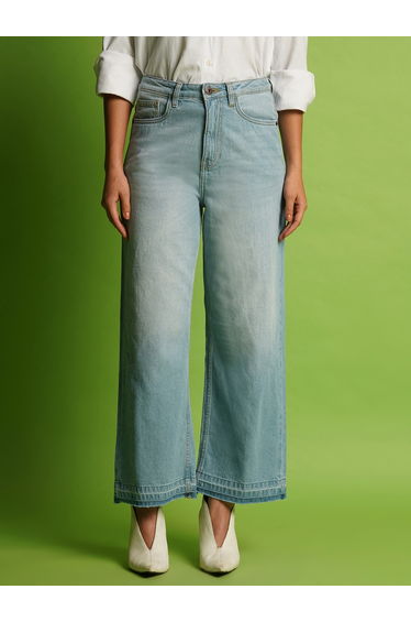 Wide Leg Mid-Rise Faded Pure Cotton Jeans