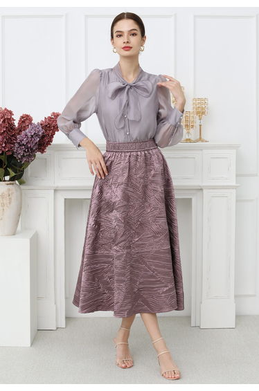 Embossed Texture Leaf-Pattern Satin Midi Skirt in Lilac