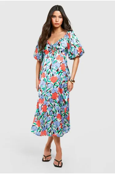 فستان ميداكسي بأكمام منفوخة بطبعة أزهار