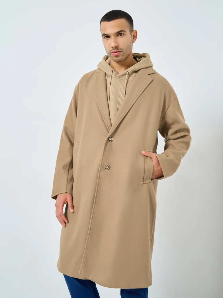 Men Brown Oversized Wool Like Coat - 1