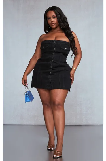 Plus Black Corset Button Up Bodycon Dress