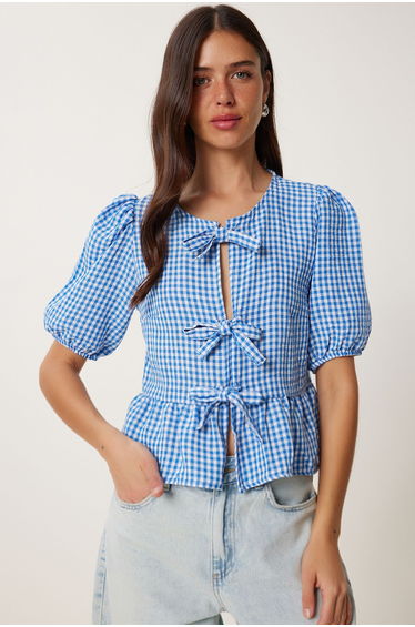 Women's Sky Blue Checked Tie Detail Linen Blouse