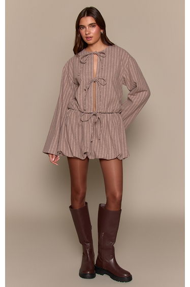 Beige Brushed Pinstripe Puffball Skirt
