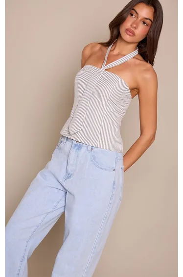 Blue Stripe Woven Tie Detail Bandeau Top