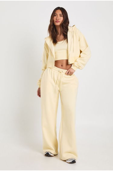 Deep Hem Crop Top 3 Piece Hooded Tracksuit - lemon