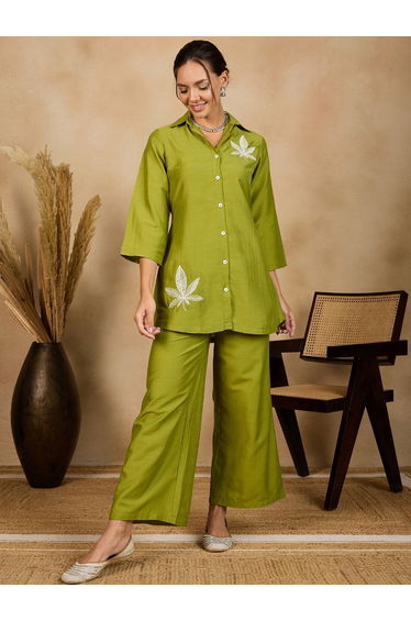 Women Green Leaf Embroidery Shirt and Trousers Co-Ords