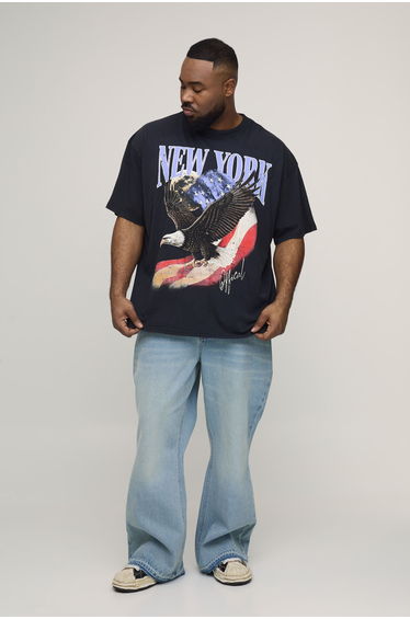 Plus Washed Relaxed Flared Let Down Hem Jeans - mid wash