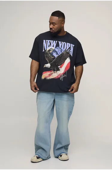 Plus Washed Relaxed Flared Let Down Hem Jeans - mid wash