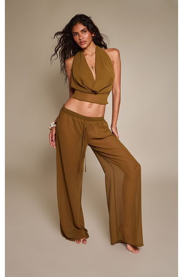 Olive Chiffon Wide Leg Trousers