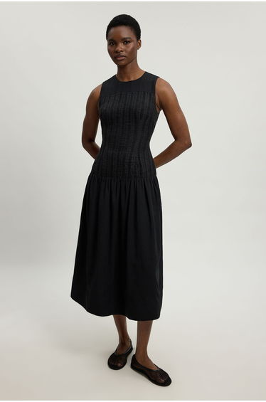 Petite Textured Drop Waist Long Sleeve Woven Midi Dress