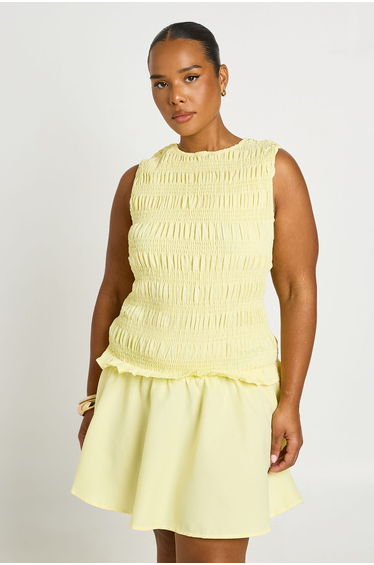 Plus Shirred Racer Neck Skater Dress - lemon