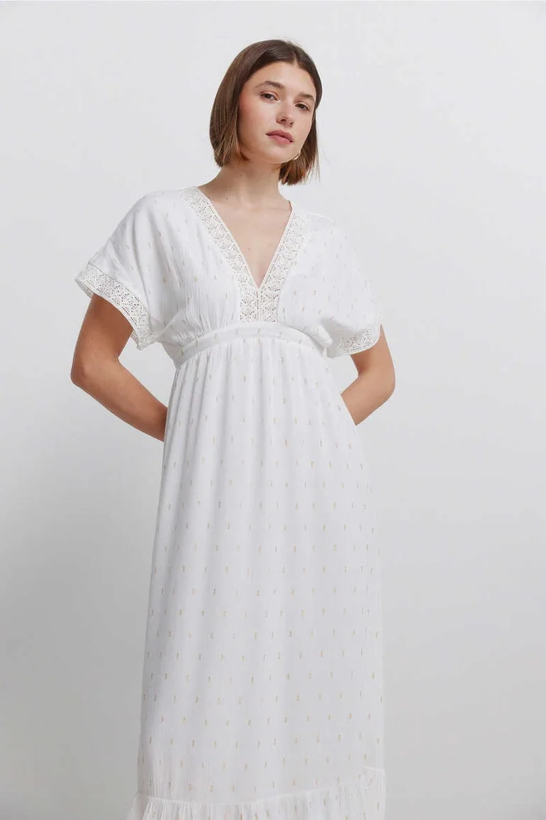 فستان سبرينجفيلد بلون كريمي ماكسي منقط على شكل حرف A - 2